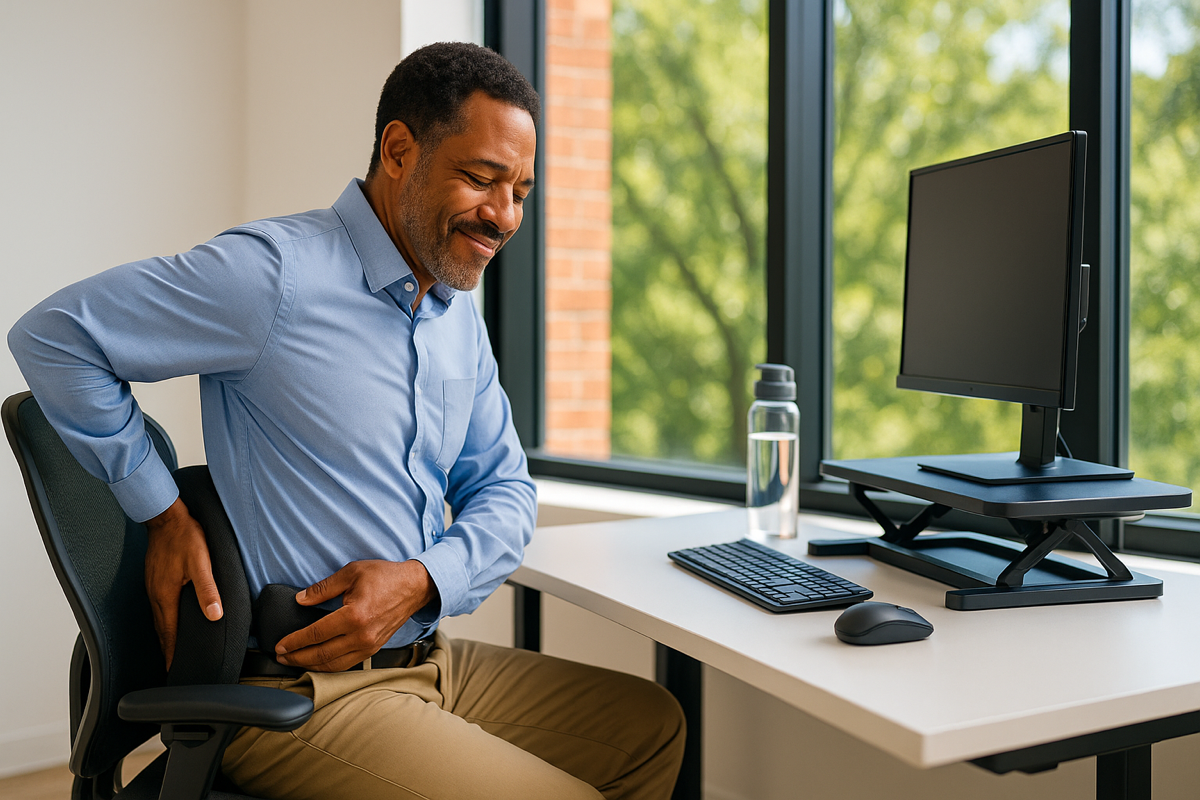 Office worker with lower back pain at desk in Montgomery AL