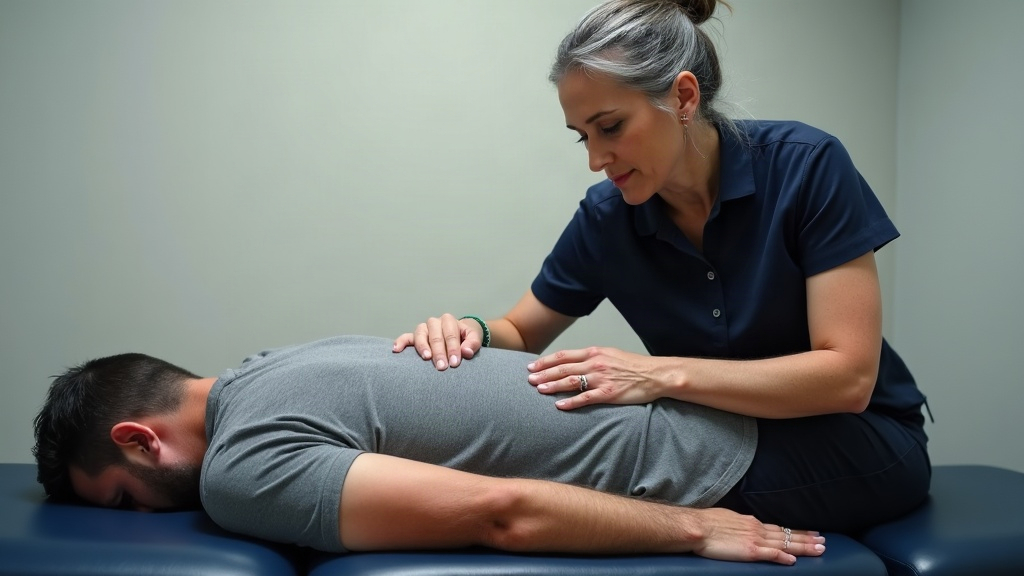 A chiropractor's hands resting on the upper back of a patient lying face down on a treatment bench during a chiropractic adjustment.